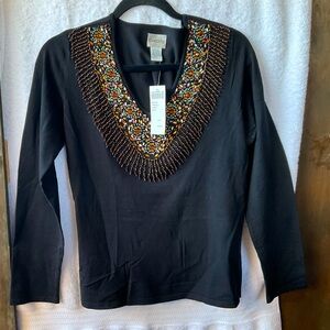 Chico’s Equinox Viveca L/S V-Neck Swtr Black; NWT; M/8